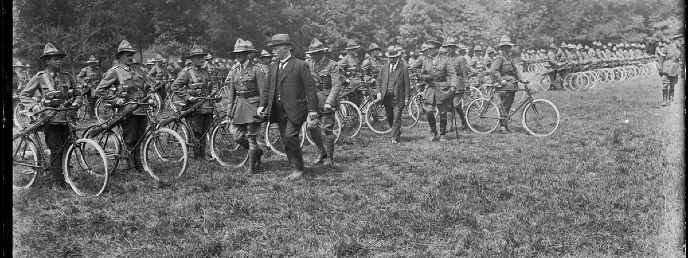 William Massey and Joseph Ward inspect the New Zealand Cyclist Battalion in France, 3 July 1917.